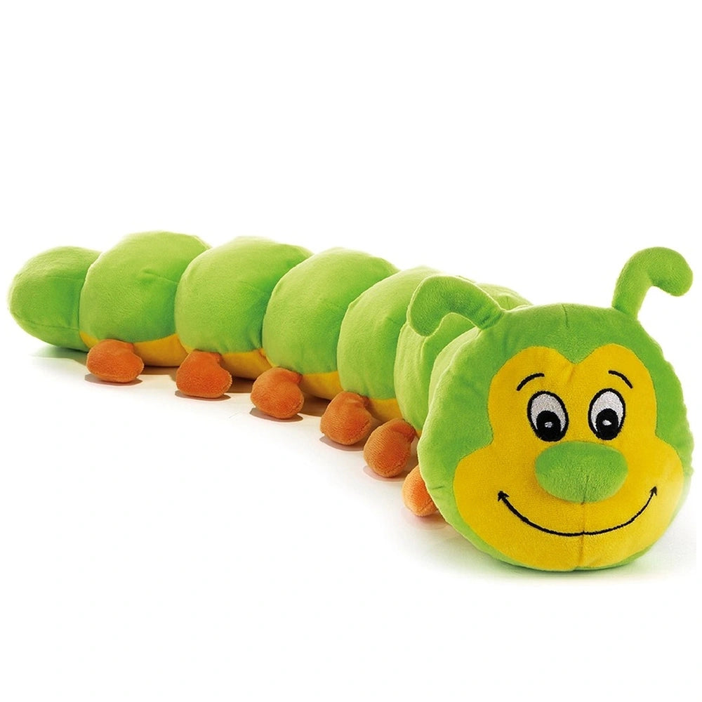 Piero Green Caterpillar plush, 80 cm, features a smooth green body, shiny yellow eyes, and a smiling face with eight segments