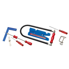 Prebaro Fretsaw Kit with red-handled tools, blue cutting table, L-square, and clamp, on a white background.