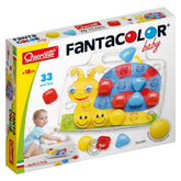 Quercetti FantaColor Baby activity toy packaging features a white background with red and green accents, showcasing colorful