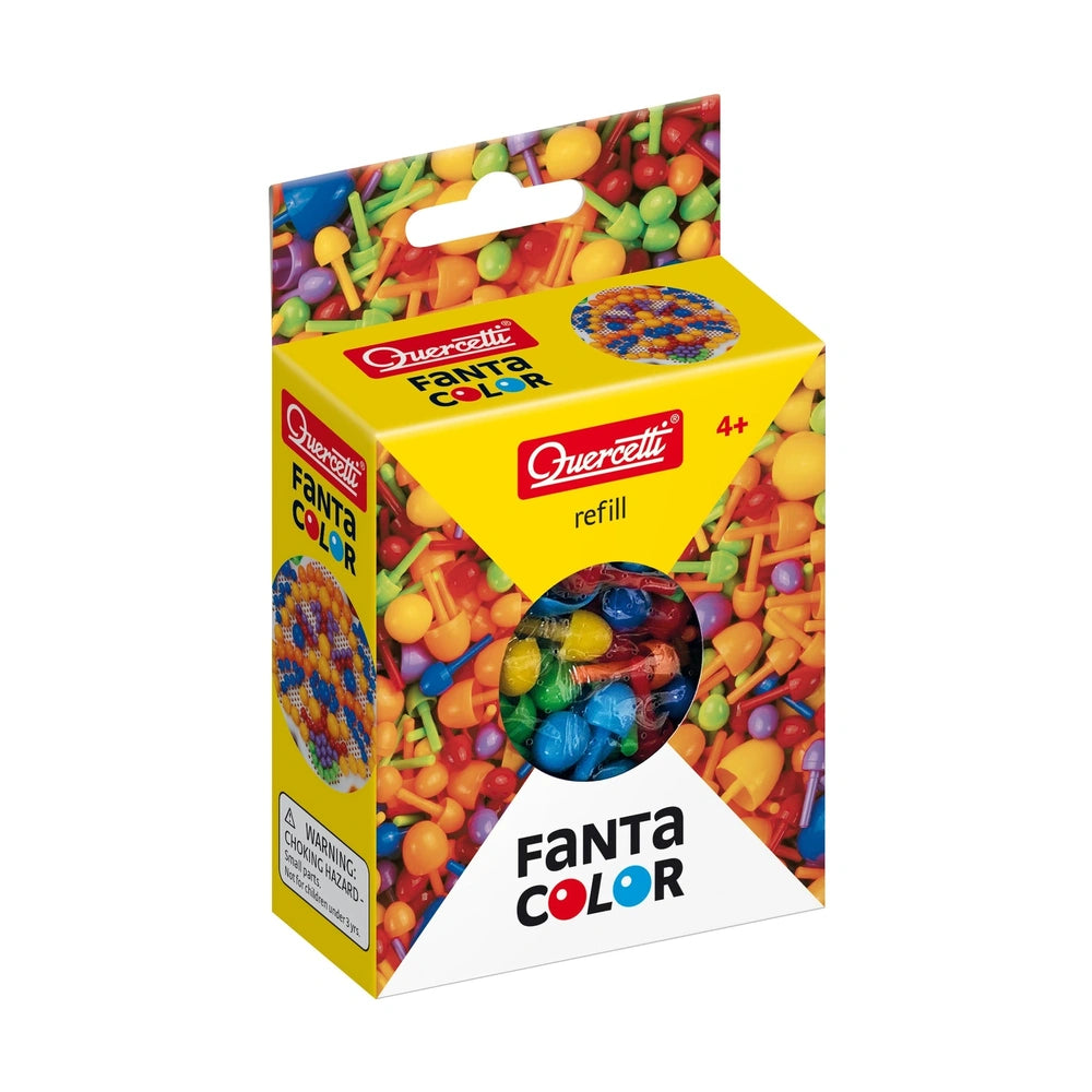 Quercetti FantaColor refill packaging features a yellow background, colorful candies in a glossy window, and red-black labels