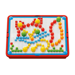 Quercetti FantaColor Tab features a blue-bordered plastic casing and a white pegboard with colorful pegs in various shades.