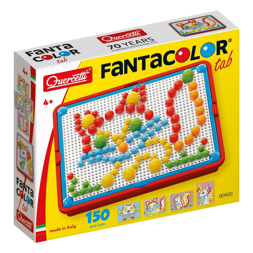 Quercetti FantaColor Tab arts and crafts set in yellow packaging featuring a white pegboard with red, blue, and green balls.