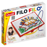 Quercetti Filo Filo arts and crafts packaging features a glossy cardboard design with colorful printed text and a clear plast