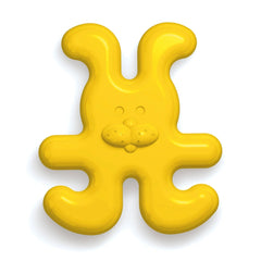 Quercetti Leprotti baby activity toy in solid yellow, made of smooth, glossy material, featuring a single, seamless design.
