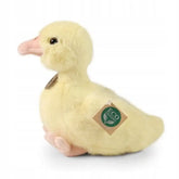 Exclusive eco-friendly plush duck toy in light beige with a fluffy texture and a tag featuring a green leaf symbol.