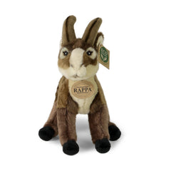 Plush chamois rabbit toy in brown and cream, featuring a green-tagged ear, set against a light background.