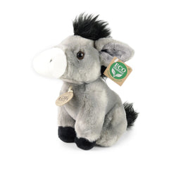 Plush donkey stuffed animal with a gray body, white muzzle, and eco-friendly tag featuring a green leaf symbol.