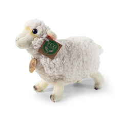 Plush sheep stuffed animal made from eco-friendly materials, featuring a fluffy white body and a simple face design.