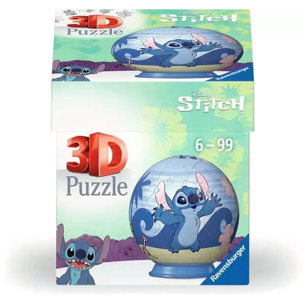 Ravensburger 3D puzzle ball featuring a vibrant Disney Stitch character against a tropical background with globe design.
