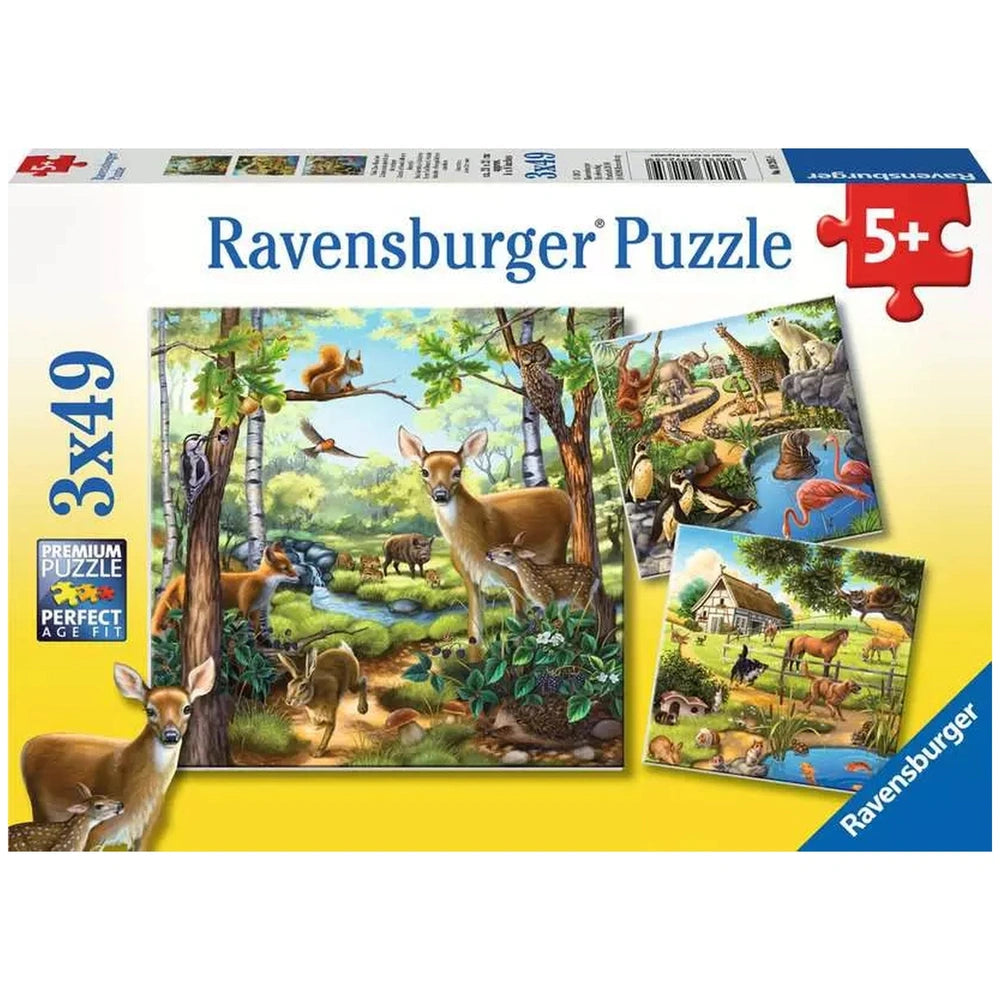 Ravensburger puzzle box featuring a vibrant forest scene with cartoon animals, trees, and a stream, designed for ages 3 and u