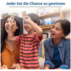 Ravensburger Baby Animal Memory card game is played by a smiling family indoors, showcasing colorful cards and joyful express