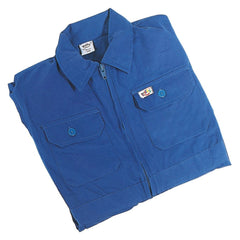 Solid blue cotton work shirt for boys and girls, featuring a collar, buttoned placket, and multiple buttoned pockets.