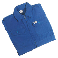 Solid blue cotton work shirt for boys and girls featuring a collar, button-up front, and two chest pockets.