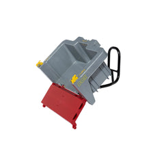 Rollybox John Deere features a gray metal frame above a smooth red base, designed for riding fun.