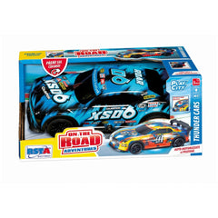RS Tots Thunder Cars packaging features a blue racing car with number "90" and vibrant accents, showcasing adventure play.