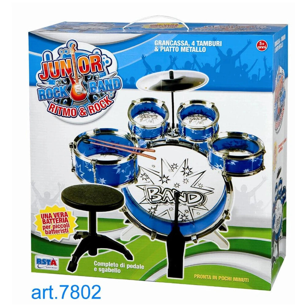 Junior Rock Band Ritmo Rock Drums toy set in blue and silver, displayed in a box with a clear window and rock-themed text.