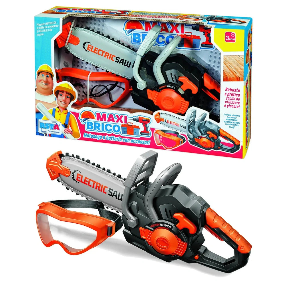 Maxi Brico toy electric saw with safety goggles in colorful packaging featuring brand name and product details on a white bac