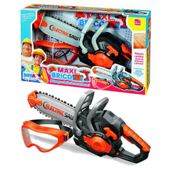 Maxi Brico toy electric saw with safety goggles in colorful packaging featuring brand name and product details on a white bac