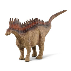 Amargasaurus toy dinosaur model in brown with raised scales and spines, standing upright against a light background.