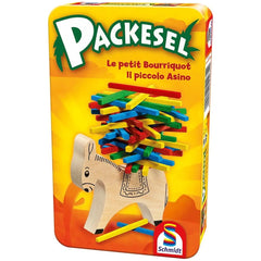 Schmidt Games Pack Mule features a colorful wooden donkey on a bright yellow box, designed for children's travel board games.