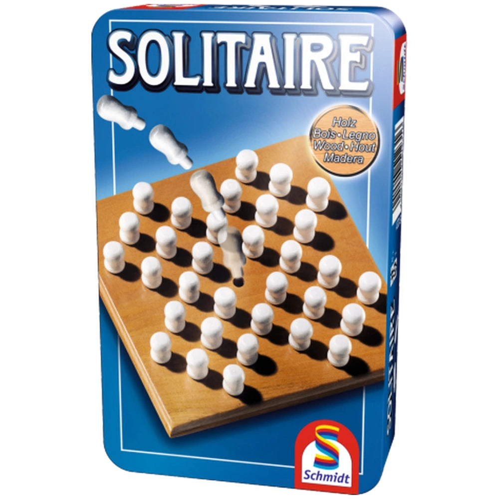 Schmidt Games Solitaire packaging features a wooden checkerboard with white checkers, highlighted by blue background and bold