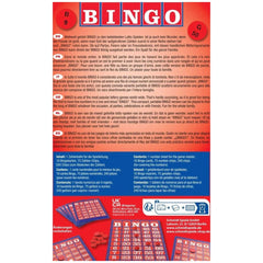 Schmidt Spiele Bingo board game graphic featuring colorful text, Bingo cards, and chips on a red background.