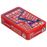 Red bingo box with a glossy game board featuring blue background, red squares, and numbers 1-90 along with letters B-I-N-G-O.
