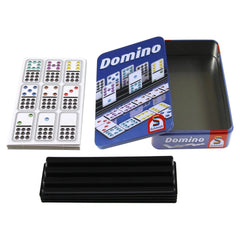 Domino game components featuring colorful dots on a white background, arranged with a game board displaying the word "Domino.