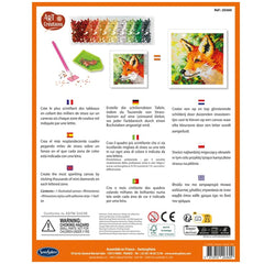 Sentosphere Art Creations Diamond Canvas Fox label features a colorful fox illustration on an orange background with various