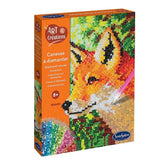 Art Creations Diamond Canvas Fox kit box featuring a colorful, beaded fox design on a vibrant orange background.