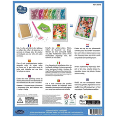 Sentosphere Art Creations Diamond Canvas Kit features a vibrant palette, pink brush, and white sponge for creative projects.