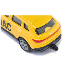 Yellow toy Audi Q4 e-tron breakdown service vehicle with glossy finish, black wheels, and "AUD" branding on the side.
