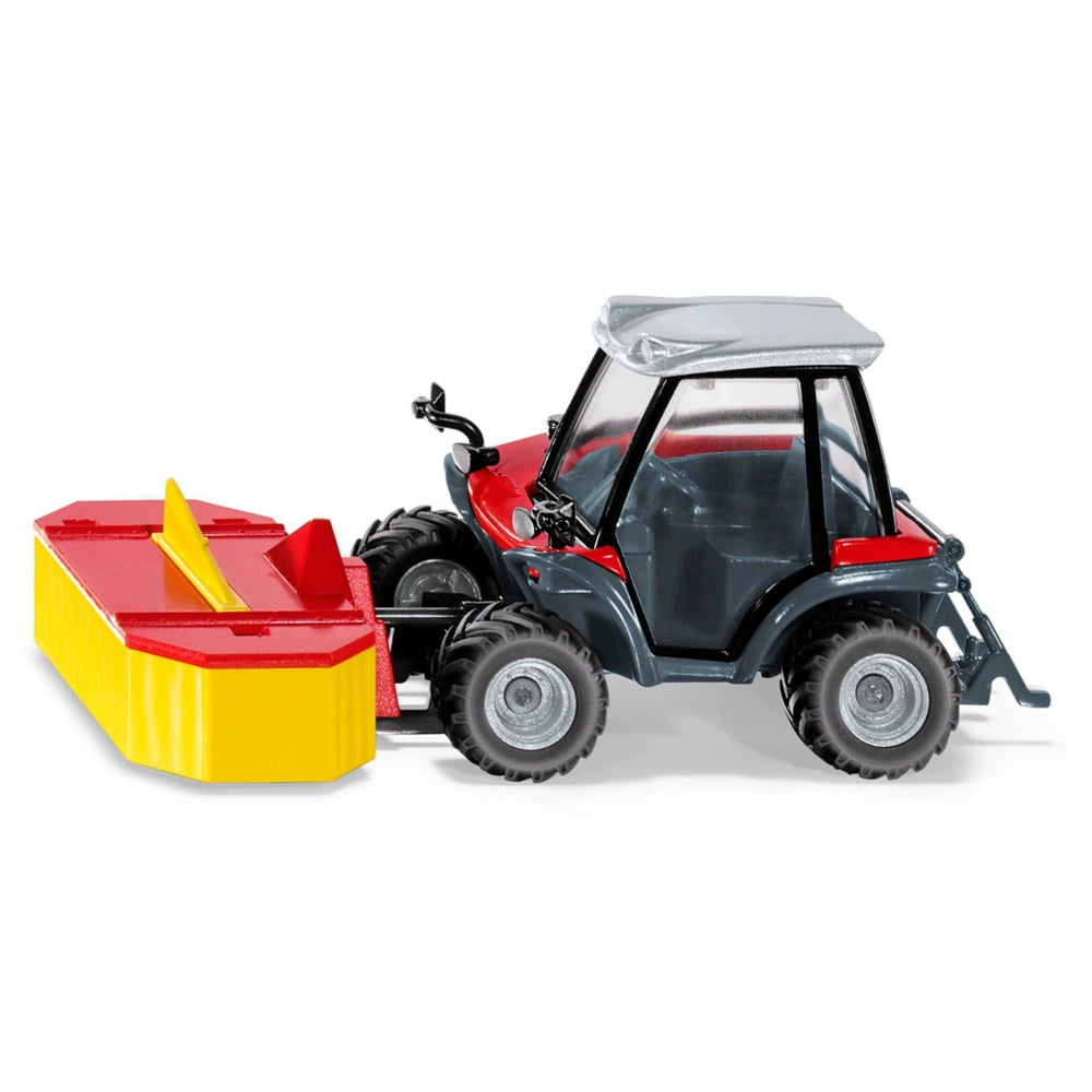 Siku Aebi TerraTrac TT211 is a toy four-wheeler in red and black, towing a yellow and red trailer with a glossy finish.