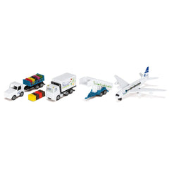 Siku airport set features colorful toy vehicles including a plane, trucks, and trailers arranged on a white background.