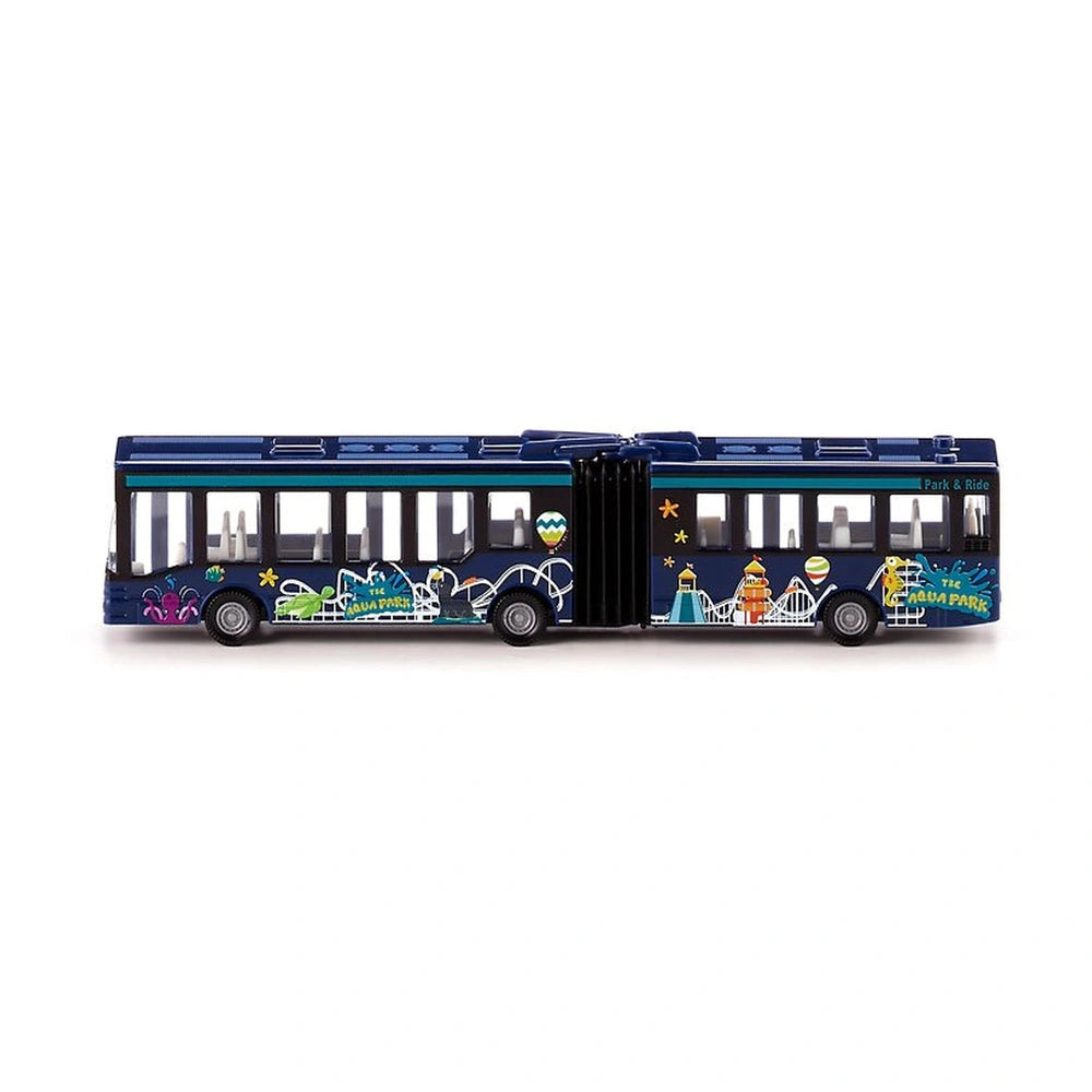 Articulated double-decker bus model in dark blue with decorative elements, featuring "PARK & RIDE" text and clear windows.