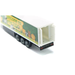 Articulated truck toy features a white body with a green and yellow design, showcasing cartoon animals and "Welcome to the Zo