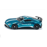 Siku Aston Martin Vantage GT4 toy car in blue with white and black accents, featuring a glossy finish and sleek design.
