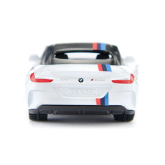 Siku BMW Z4 M40i toy car model in white with glossy finish and vibrant stripes resembling BMW branding.