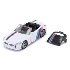 Siku BMW Z4 M40i model car in white with red and blue stripes, showcasing a glossy finish and detailed components.