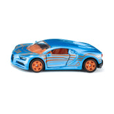Siku Bugatti Chiron toy car in blue with orange accents, featuring a glossy finish and detailed design elements.