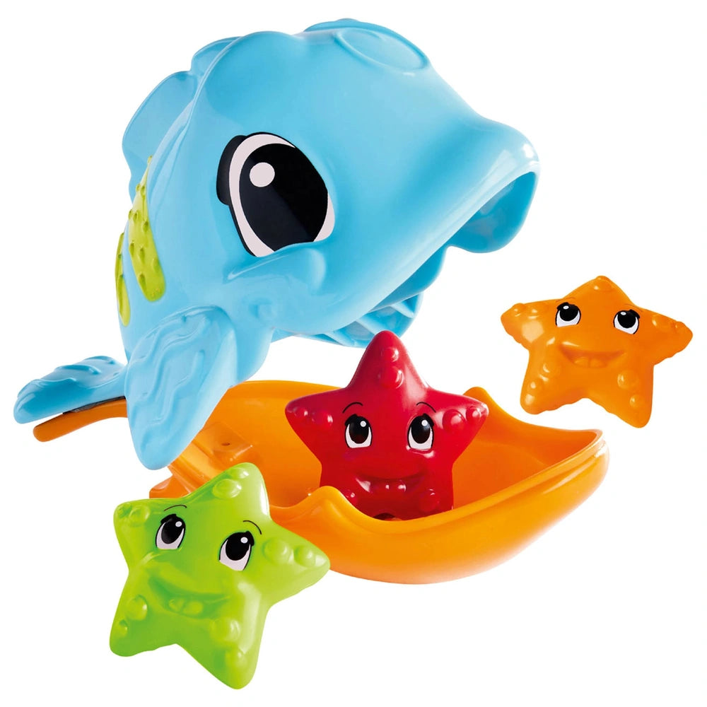 Simba ABC Hungry Fish bath toys featuring a blue fish and three colorful star-shaped teething toys.