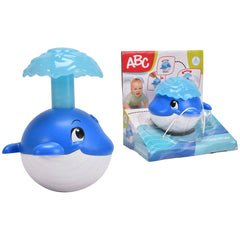 Simba ABC Wobble Whale bath toys featuring an inflatable whale and a squirting plastic whale in colorful packaging.