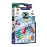 Smart Games IQ Bubbles packaging features vibrant colors, a clear window displaying bubble-like game pieces, and age recommen