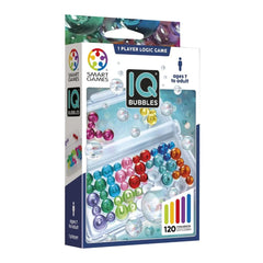 Smart Games IQ Bubbles packaging features vibrant colors, a clear window displaying bubble-like game pieces, and age recommen
