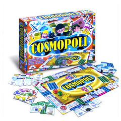STELLA Cosmopoli board game packaging features a blue cardboard box with a clear plastic front panel displaying colorful text