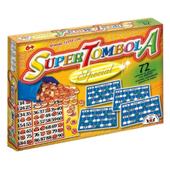 STELLA Super Tombola board game packaging features a yellow box with colorful graphics, bold red text, and a bingo card desig