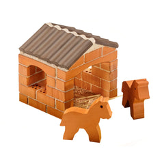 Teifoc little horse stable features a wooden playhouse with a brick facade, a pointed roof, and a horse figure in front.