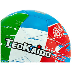 TeoKaido soccer ball features a vibrant design with blue, green, red, and white colors, and textured surface for grip.