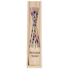 Teorema Mikado Stick Game features a smooth light wood base with vibrant red, white, and blue decorative lines and "Mikado Sp