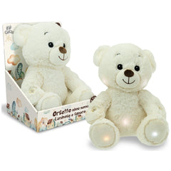 Teorema GoGo Luminous Sleep Aid Bear is a white plush teddy bear sitting upright in a colorful decorative box with a clear wi